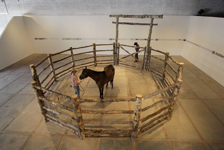 Horse stands in the middle of the Breaking Ring sculpture