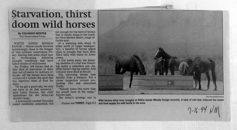 Newspaper clipping about wild horses starving near White Sands Missile Range from 1994